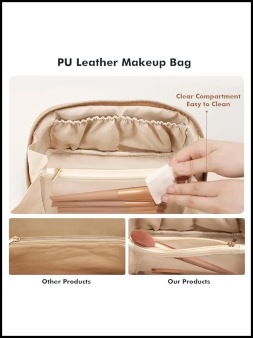 Waterproof Vegan Leather Cosmetic Bag Open Flat Toiletry Bag with Clear Divider